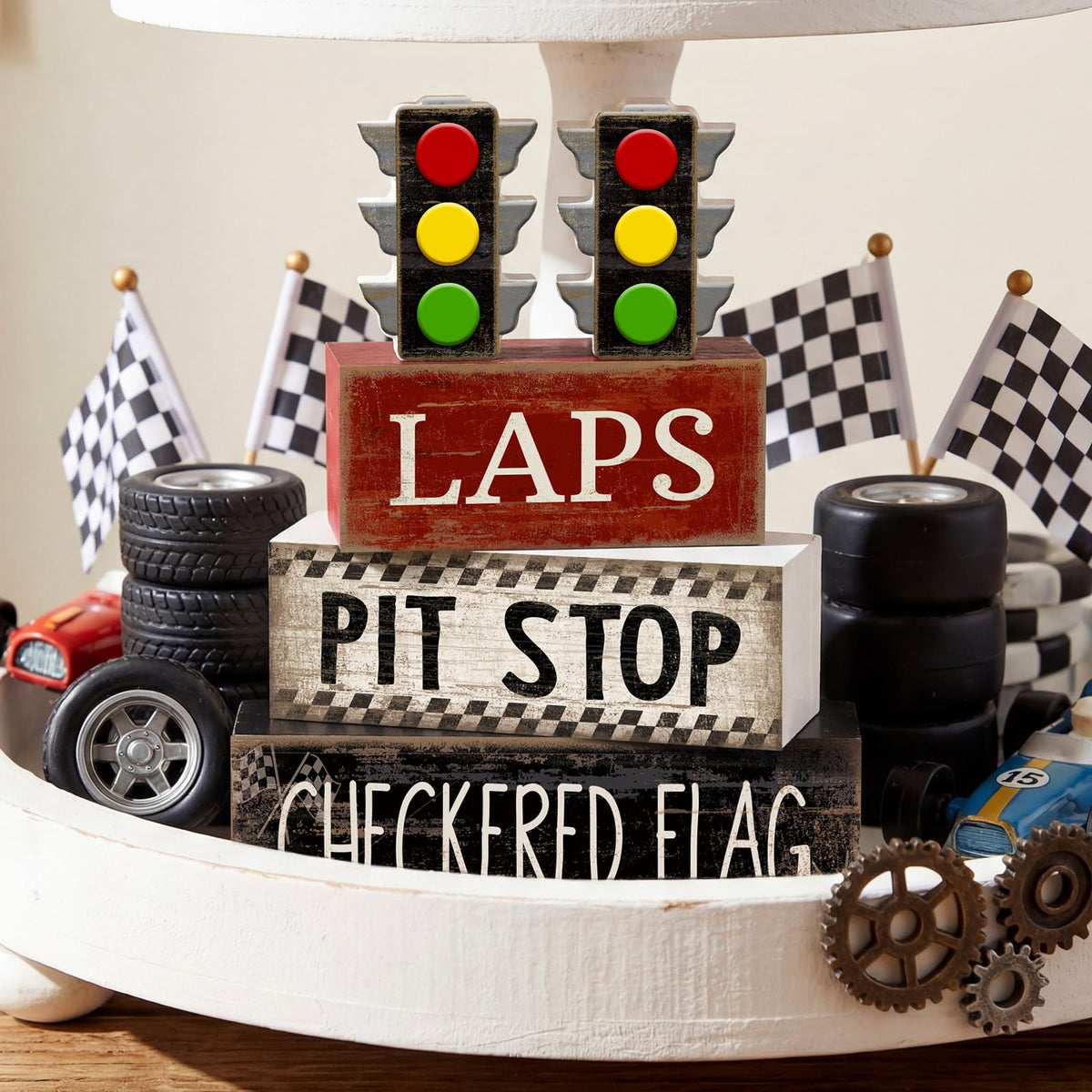 Lineshading racing theme centerpiece display brightens party tables.