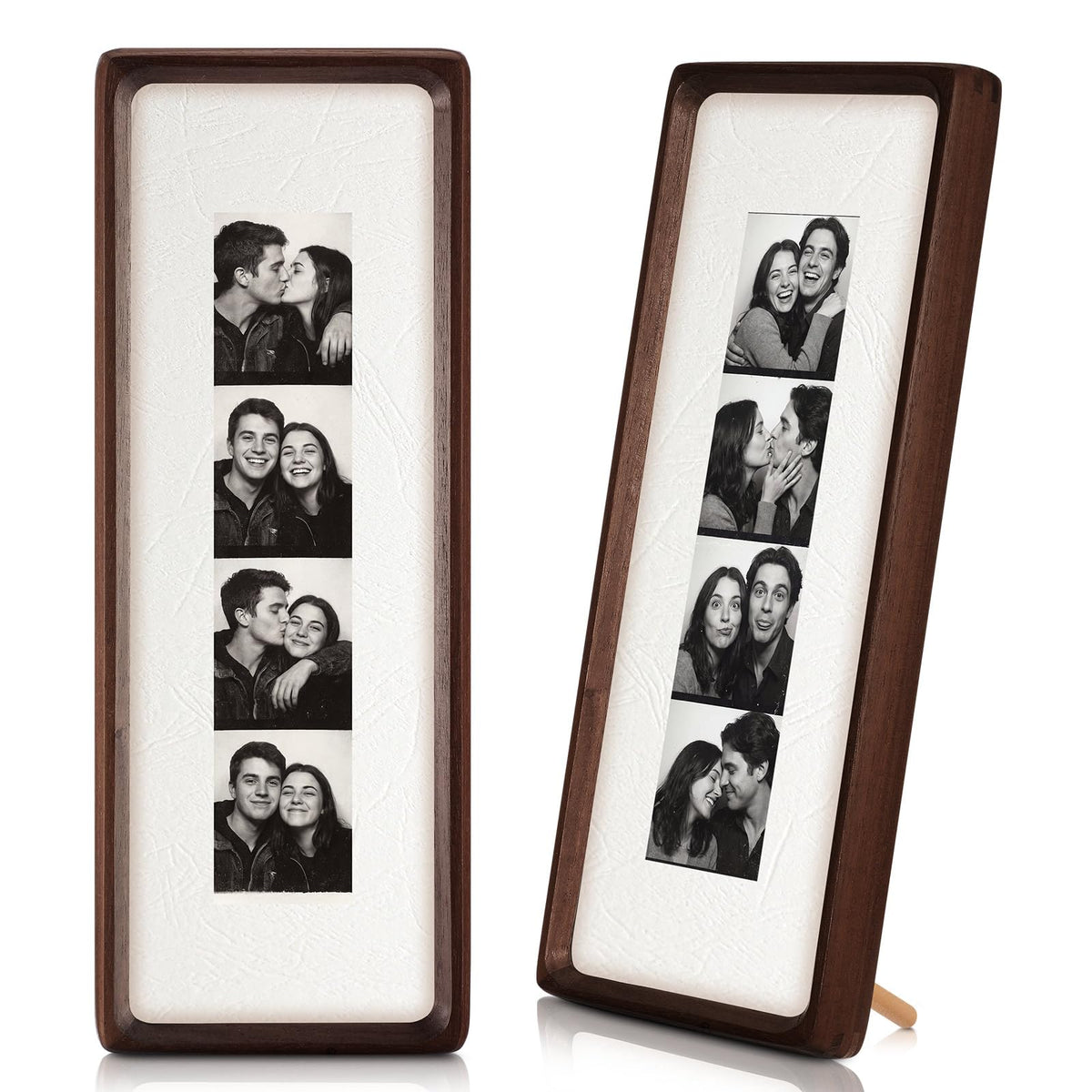 Lineshading walnut wood photo-strip frame vertical display for wall or table with warm grain.