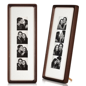 Lineshading walnut wood photo-strip frame vertical display for wall or table with warm grain.