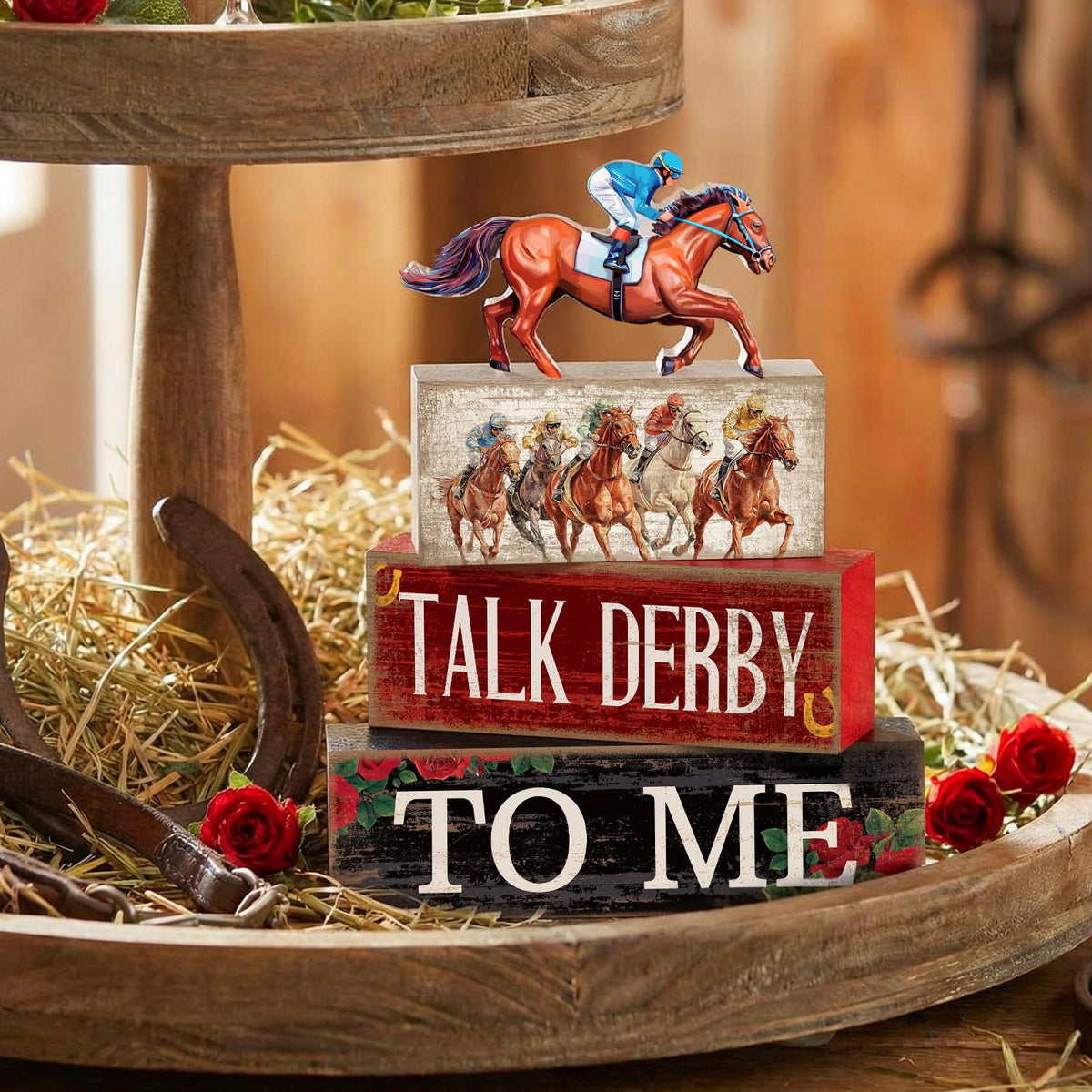 Lineshading wooden-derby-signs add rustic charm to shelves.