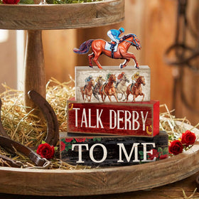 Lineshading wooden-derby-signs add rustic charm to shelves.