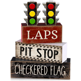 Lineshading wooden traffic light decor for racing-themed table centerpieces.