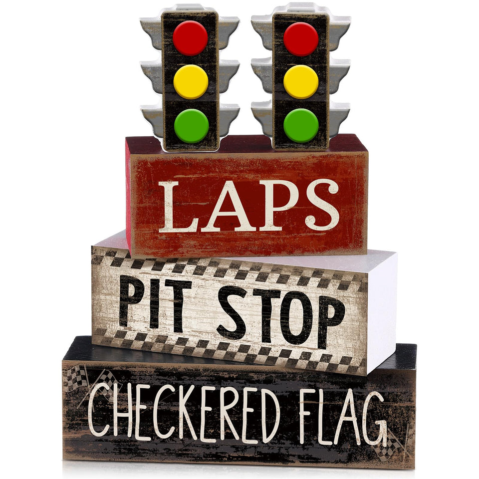 Lineshading wooden traffic light decor for racing-themed table centerpieces.