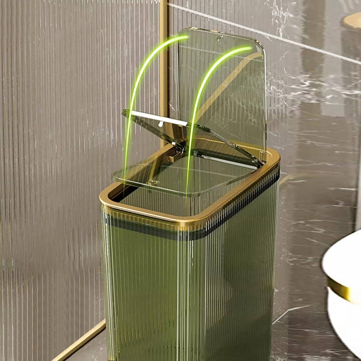 Lingerlanden press-top lid mechanism ensures quiet, one-handed operation.