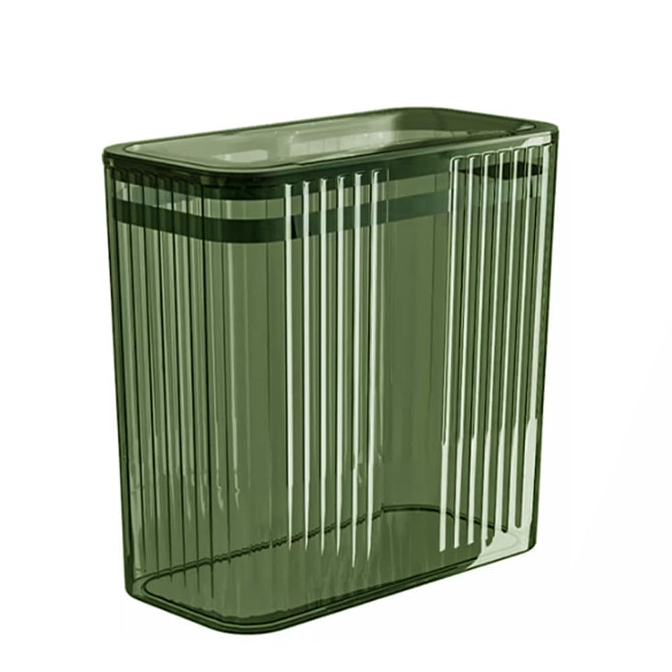 Lingerlanden transparent trash can with press top lid for bathroom use.