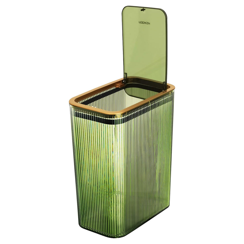 Lingerlanden transparent trash can lid close-up with smooth press-top action for easy use.