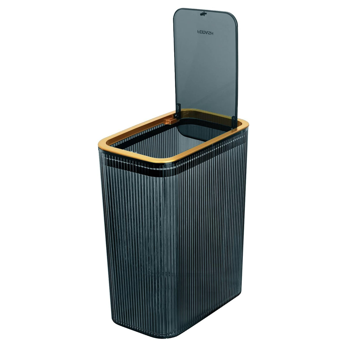 Lingerlanden transparent trash can with press-top lid in blue for easy one-handed use.