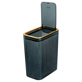 Lingerlanden transparent trash can with press-top lid in blue for easy one-handed use.