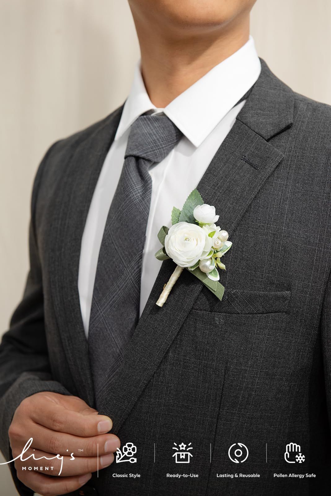 Ling's Moment white ranunculus boutonniere close-up showing realistic texture and premium materials