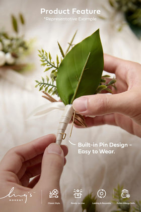 Ling's Moment boutonniere prepared to wear, ready for wedding party use