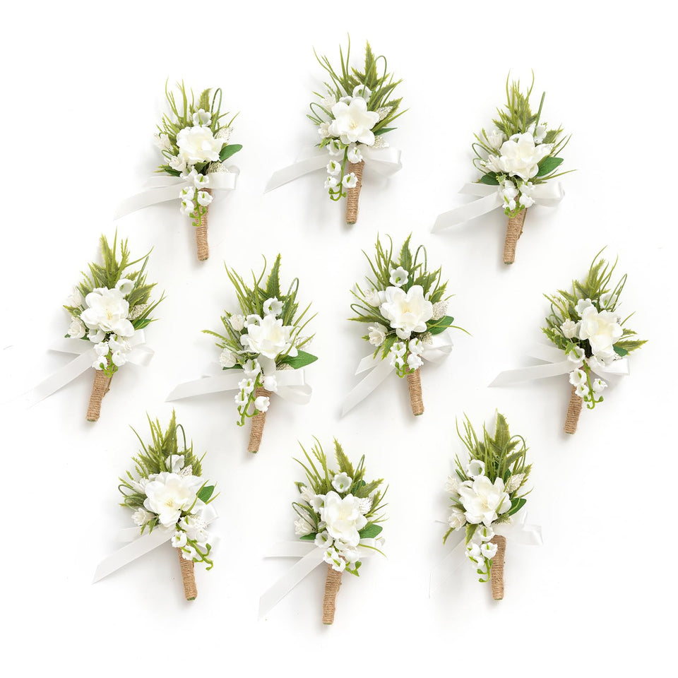 Ling's Moment boutonniere for men white lily valley close-up for wedding decor and durability