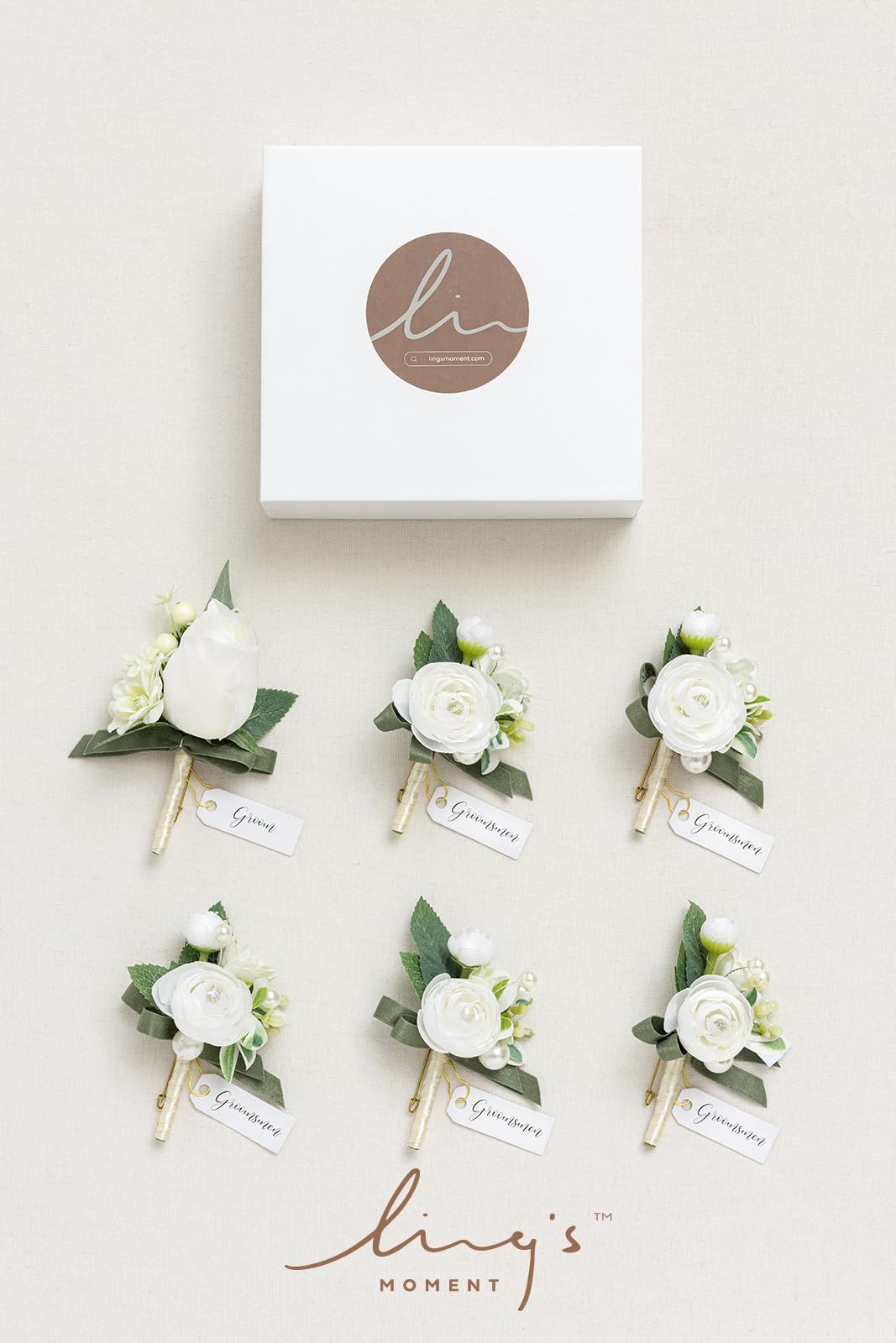 Ling's Moment boutonniere for indoor and outdoor events adds timeless romance to outfits