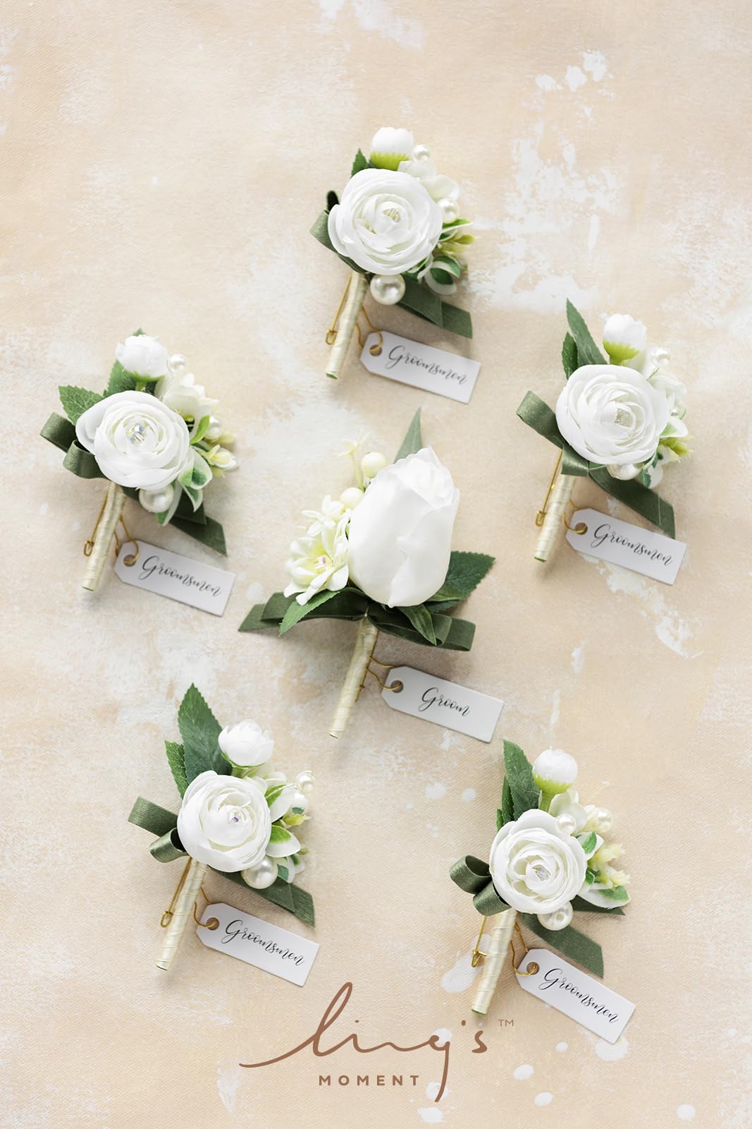 Ling's Moment six-piece boutonniere set with built-in pins for easy, secure wear