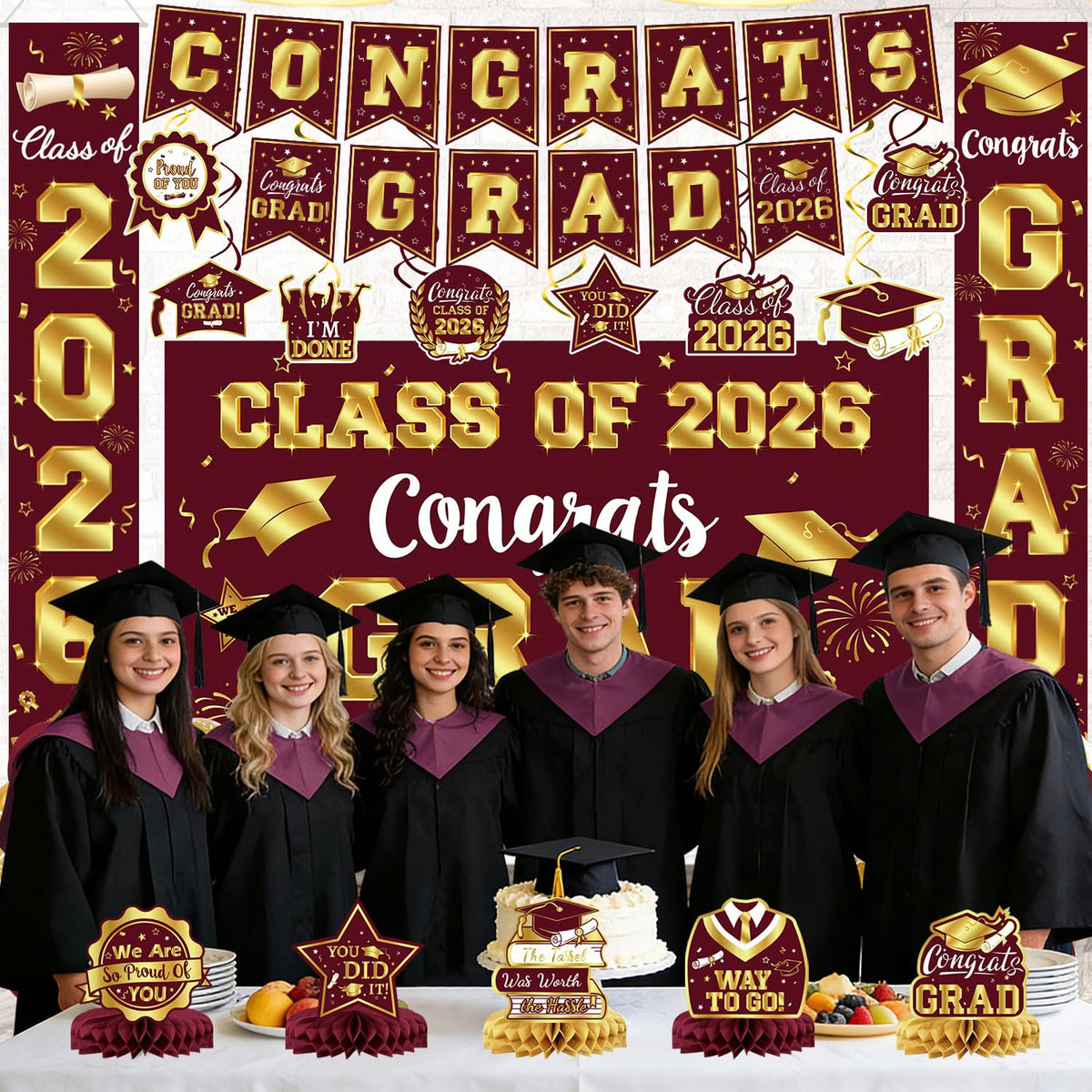 LINHAXM balloons set maroon and gold celebrate the class of 2026.