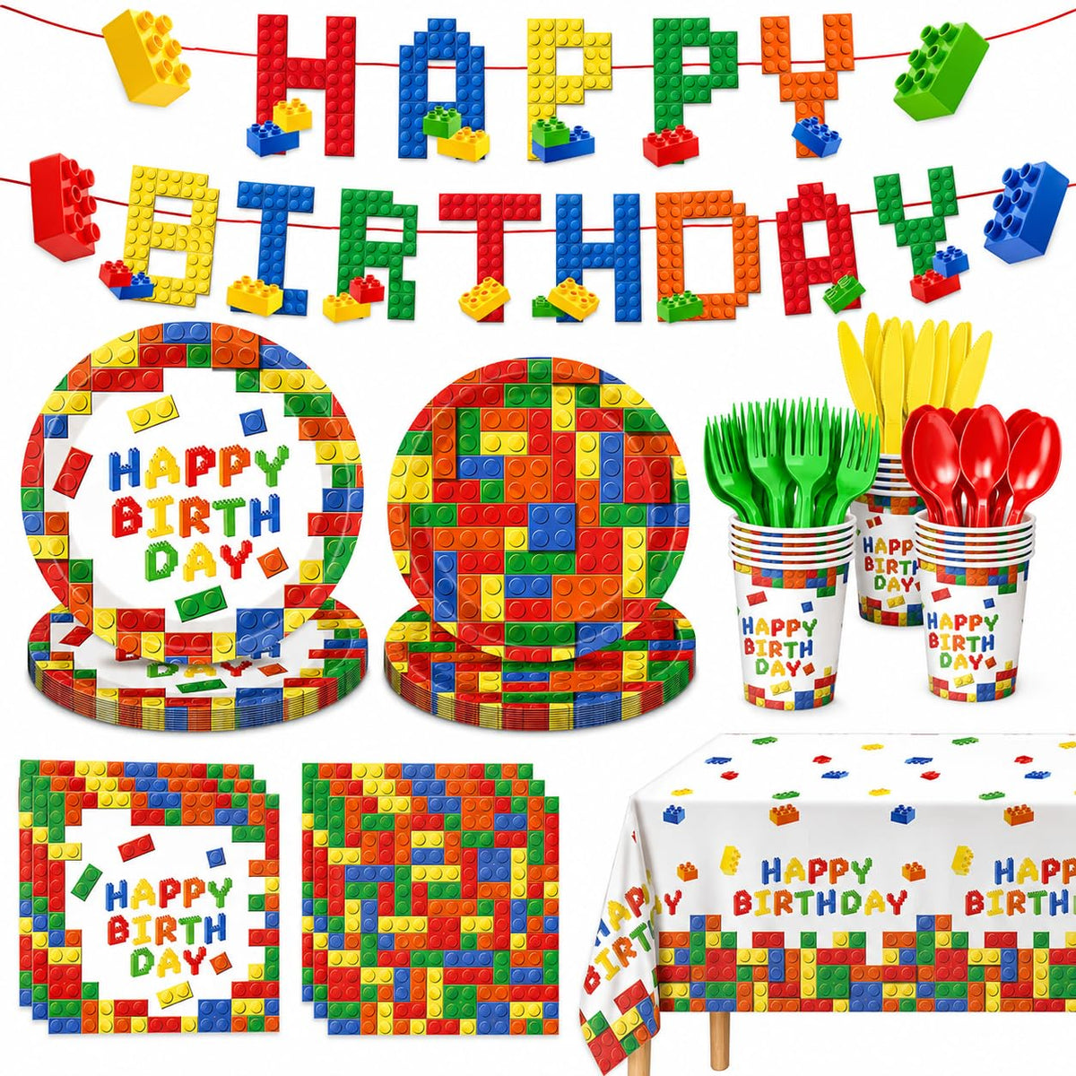 LINHAXM building block plates 9-inch in bright colors ideal for kid's birthday table setup