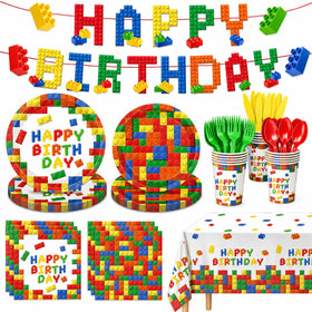LINHAXM building block plates 9-inch in bright colors ideal for kid's birthday table setup