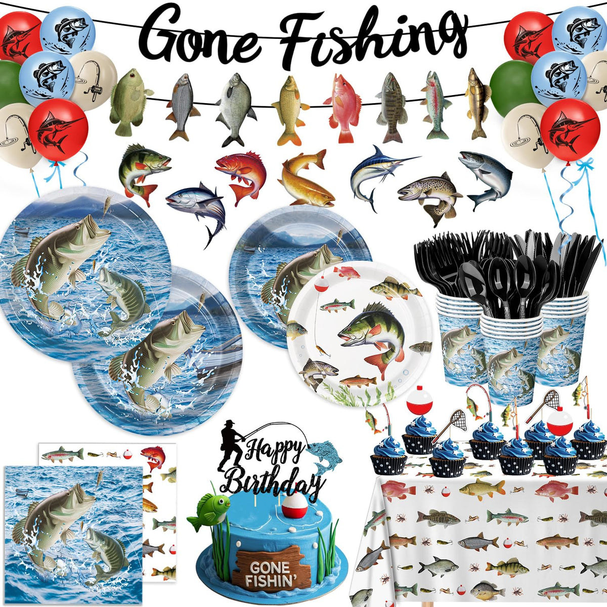 LINHAXM Gone Fishing dinner plates showcase boats and fish for a vivid party vibe.