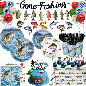 LINHAXM Gone Fishing dinner plates showcase boats and fish for a vivid party vibe.