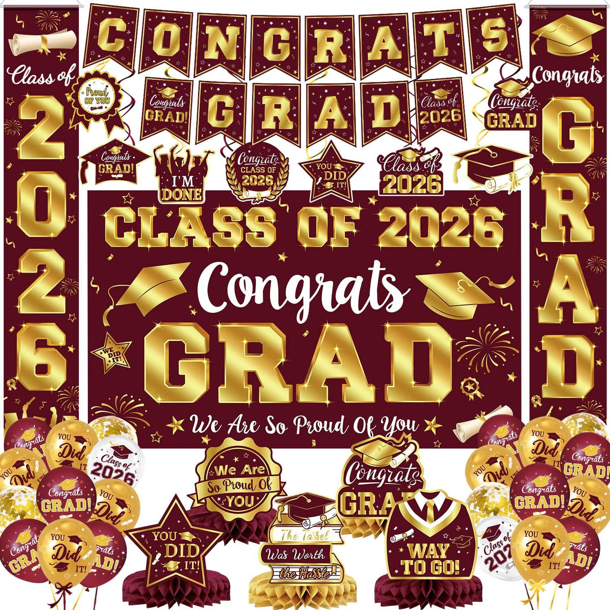 LINHAXM graduation banner maroon and gold enhances photo backdrops.