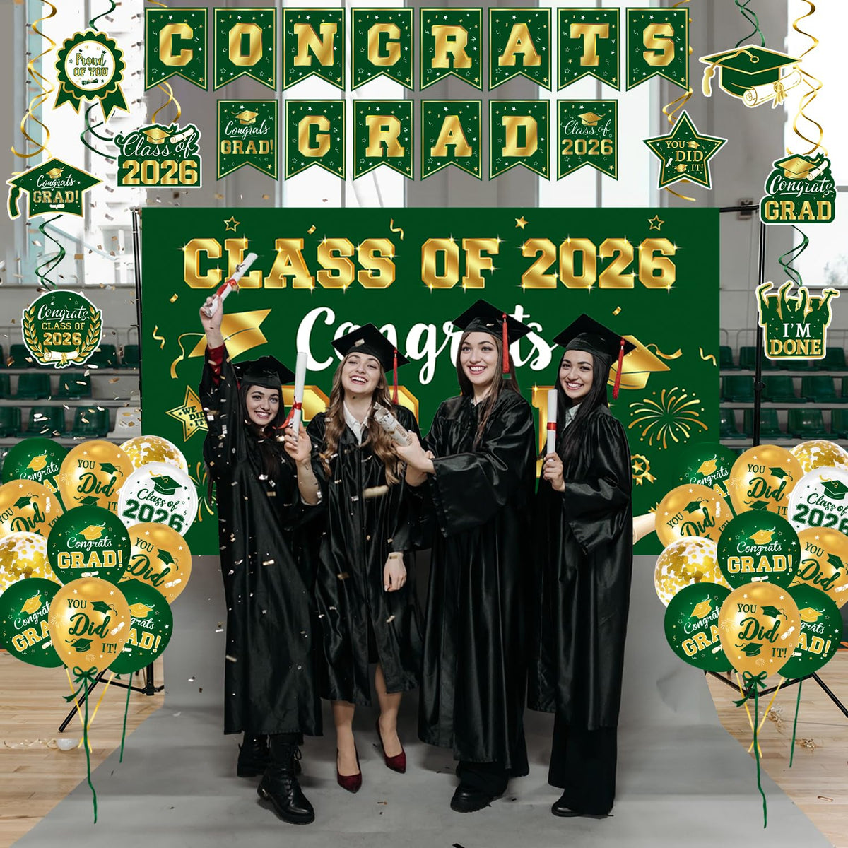 LINHAXM hanging swirls in green and gold add motion to celebrations.