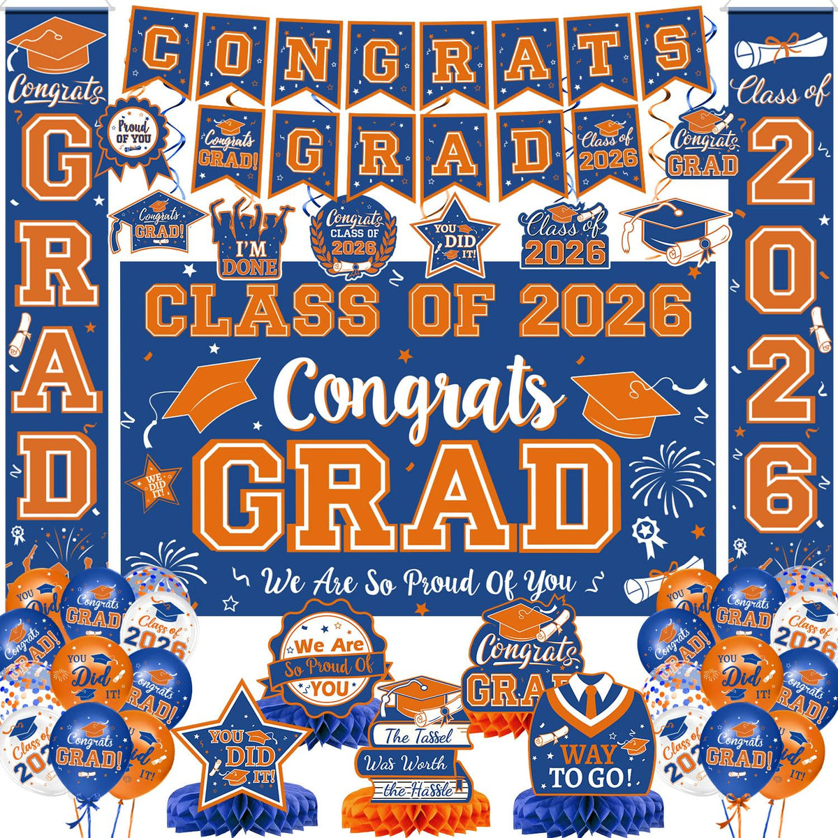 LINHAXM orange and blue graduation banner sets a vibrant party mood.