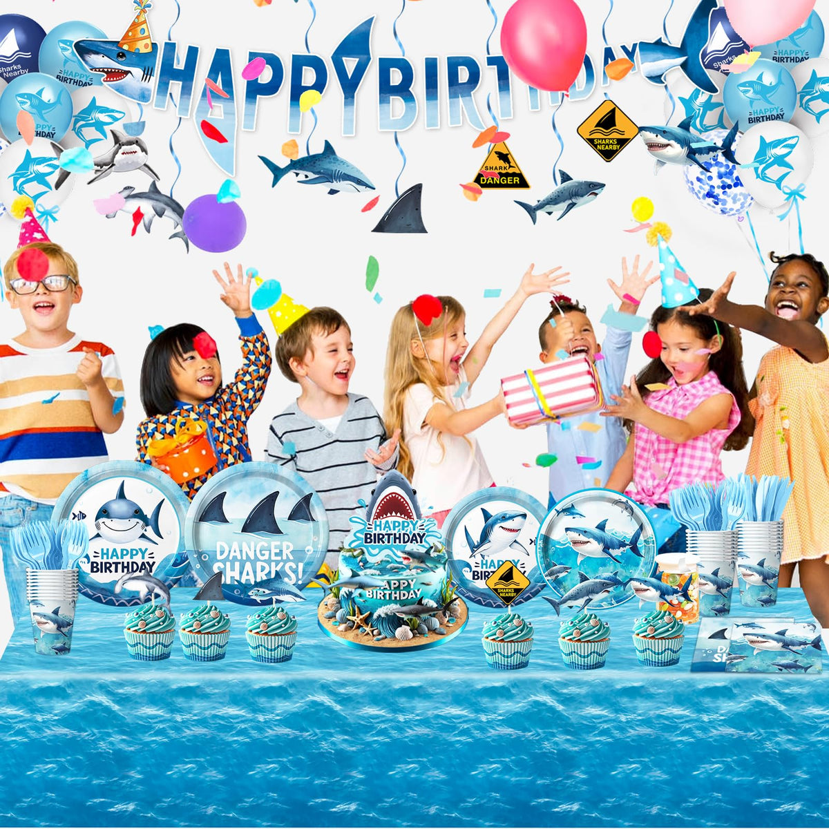 LINHAXM shark banner and tablecloth backdrop enhances ocean party decor
