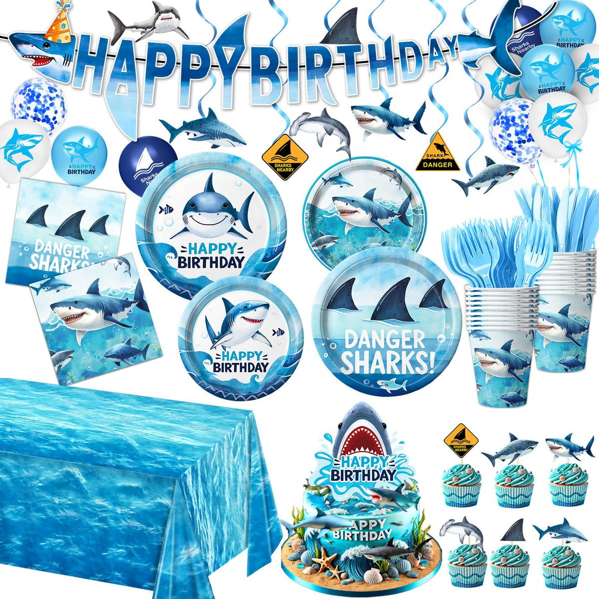 LINHAXM shark birthday dinner plates with underwater theme for kids' party