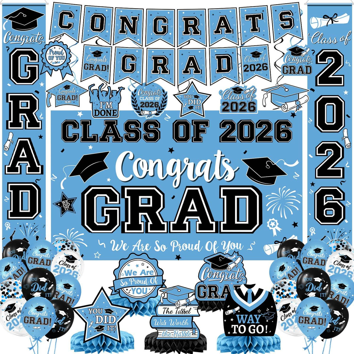 LINHAXM sky-blue graduation banner enhances photos and venue ambiance.