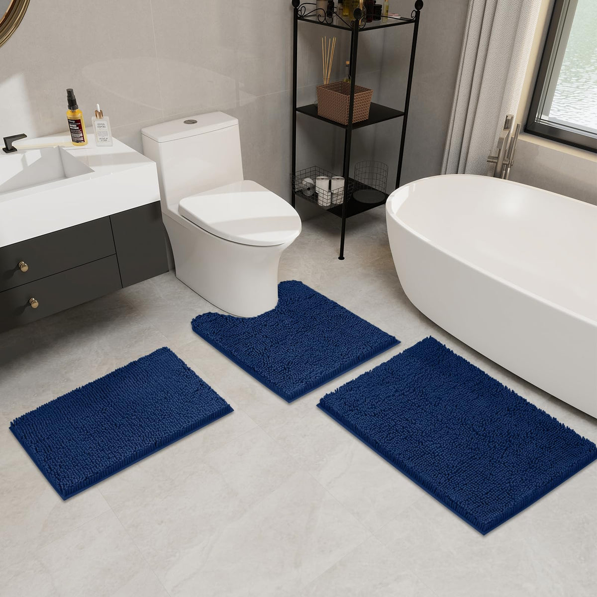 LINLA navy U-shape contour rug with non-slip stability around the toilet