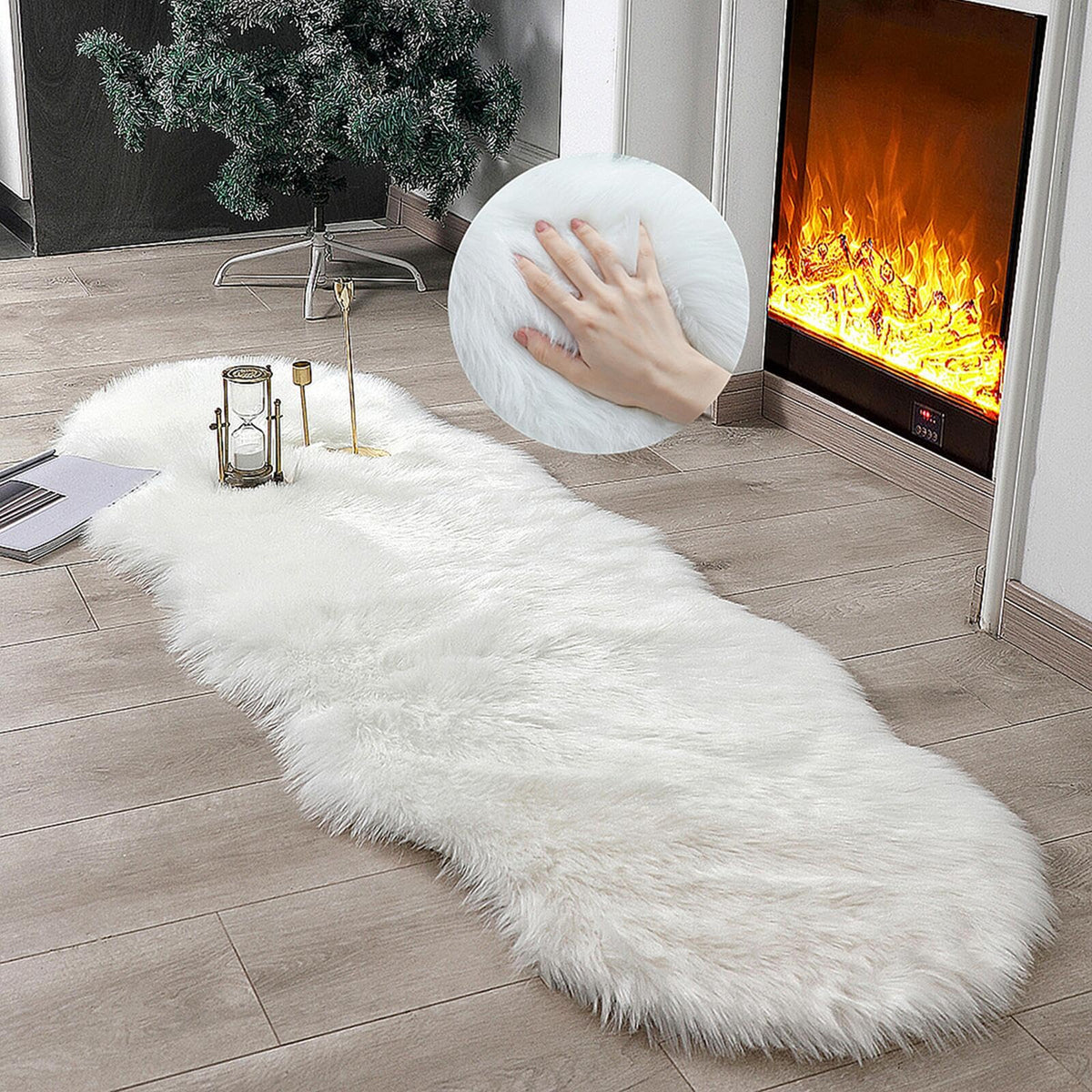 Linmopm faux fur rug as sofa cover for cushioned seating.