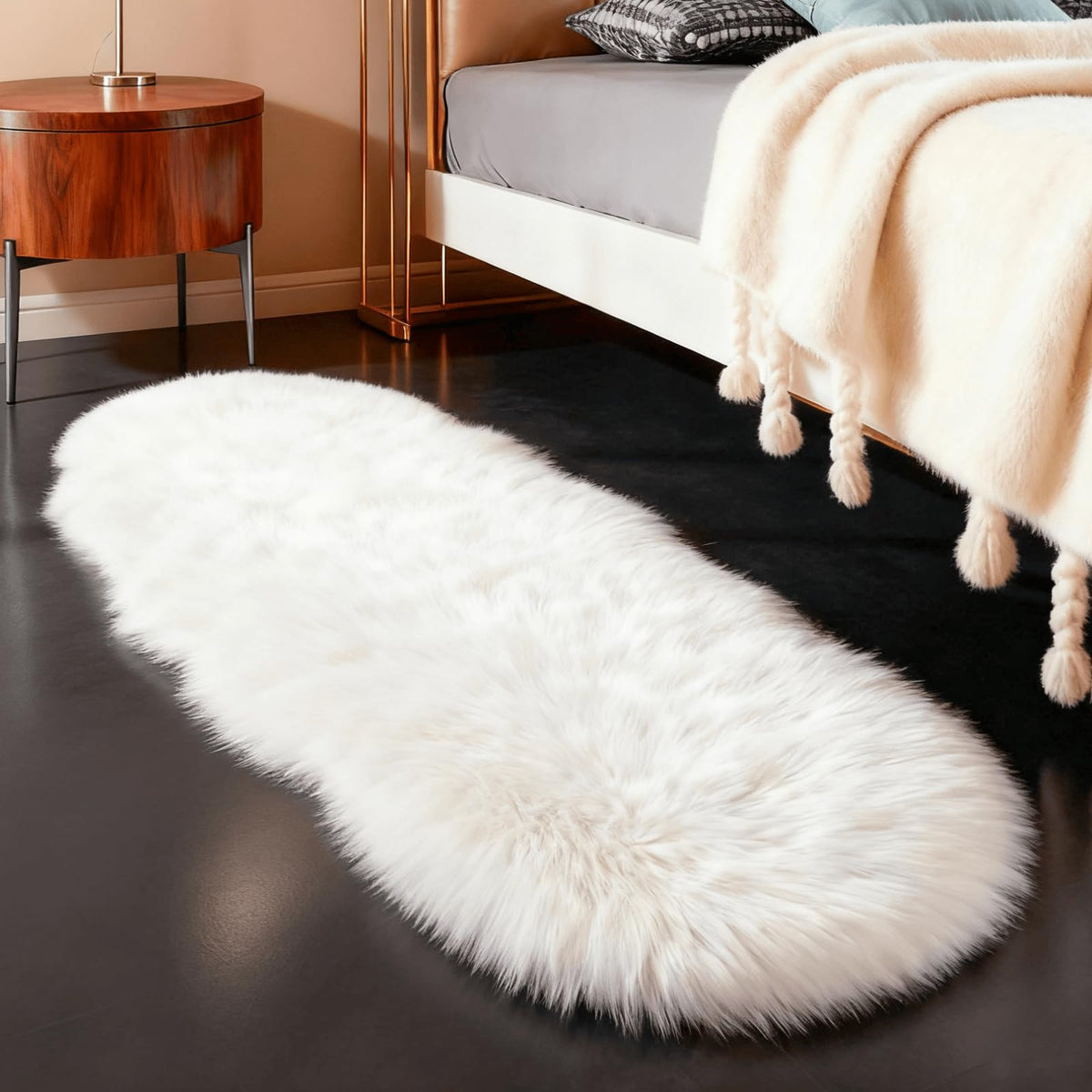 Linmopm sheepskin shag rug beside bed for soft steps.