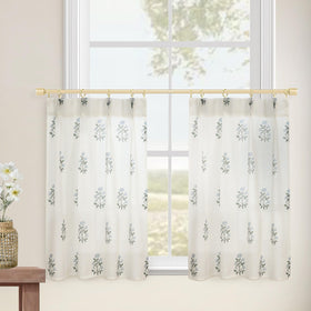 Blue and green floral block print on Lino Rosa curtains