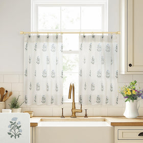 Lino Rosa cafe curtains with pinch-pleat for a kitchen window and privacy