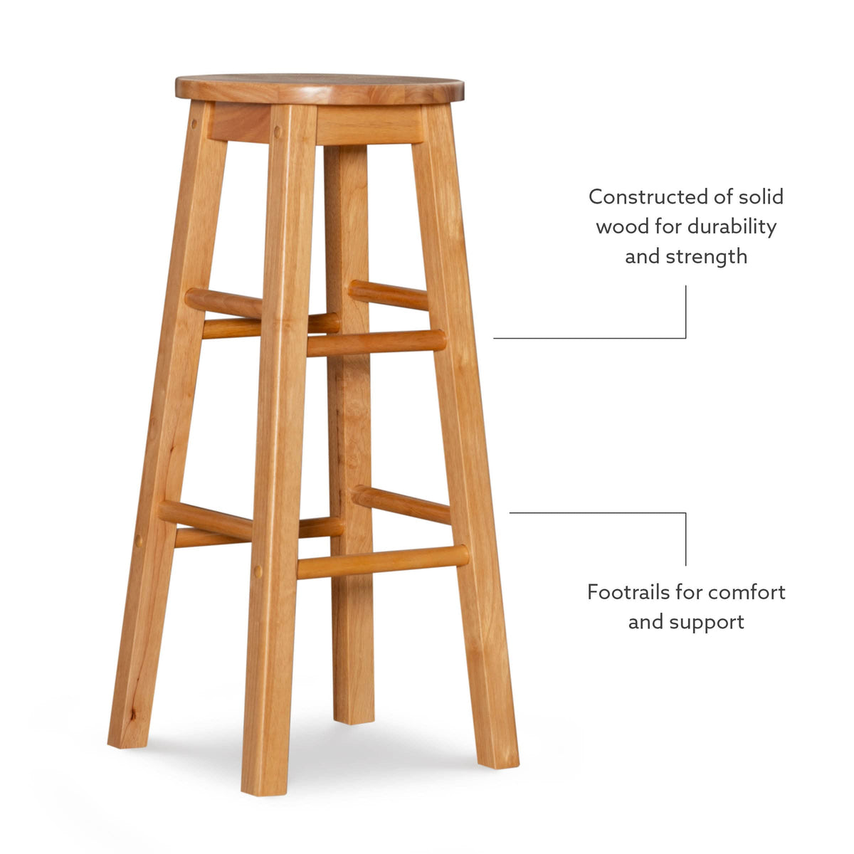 Linon round-seat stool at 29 inches supports comfortable seating at kitchen island.