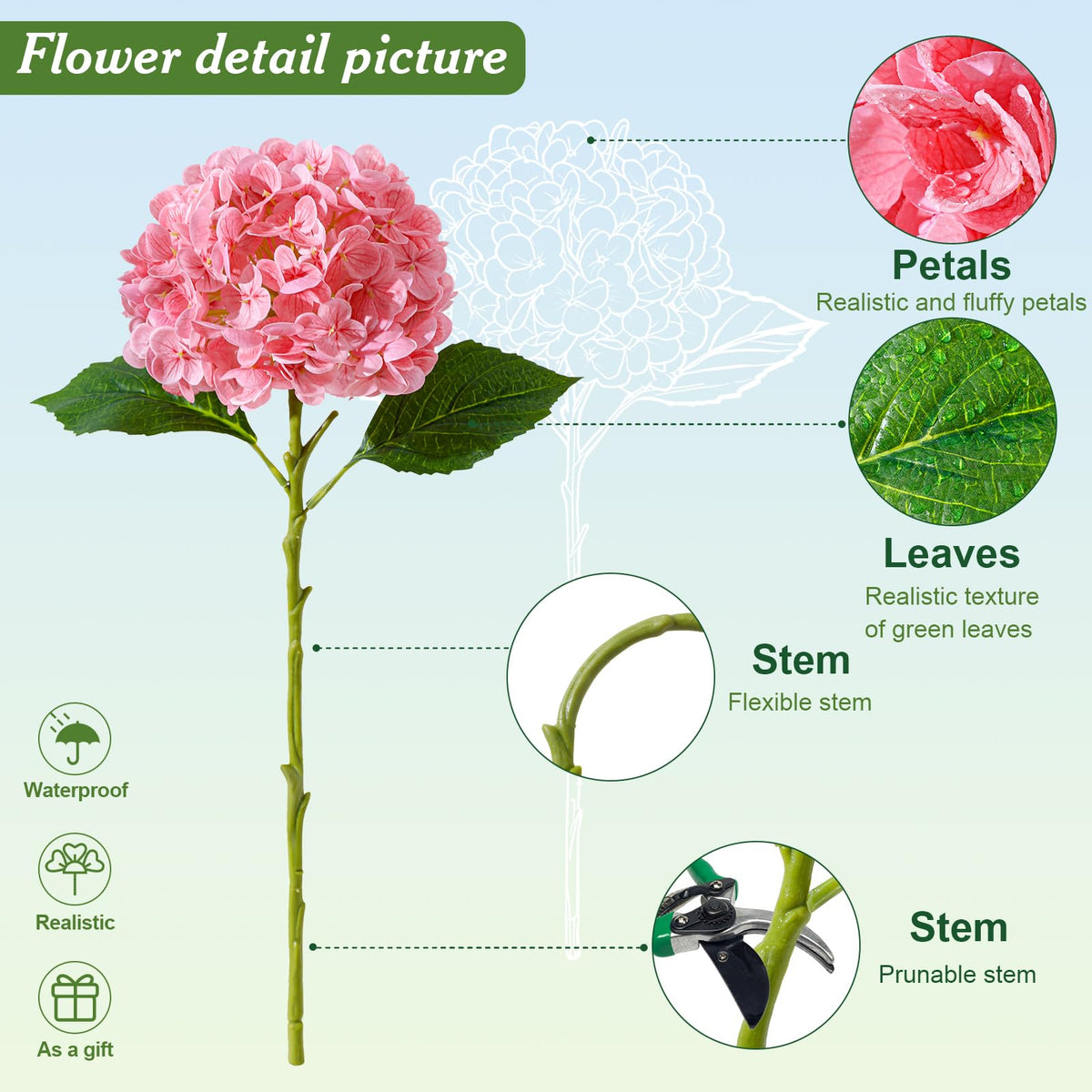 LINSIE artificial hydrangea pink bloom with realistic petal detail.