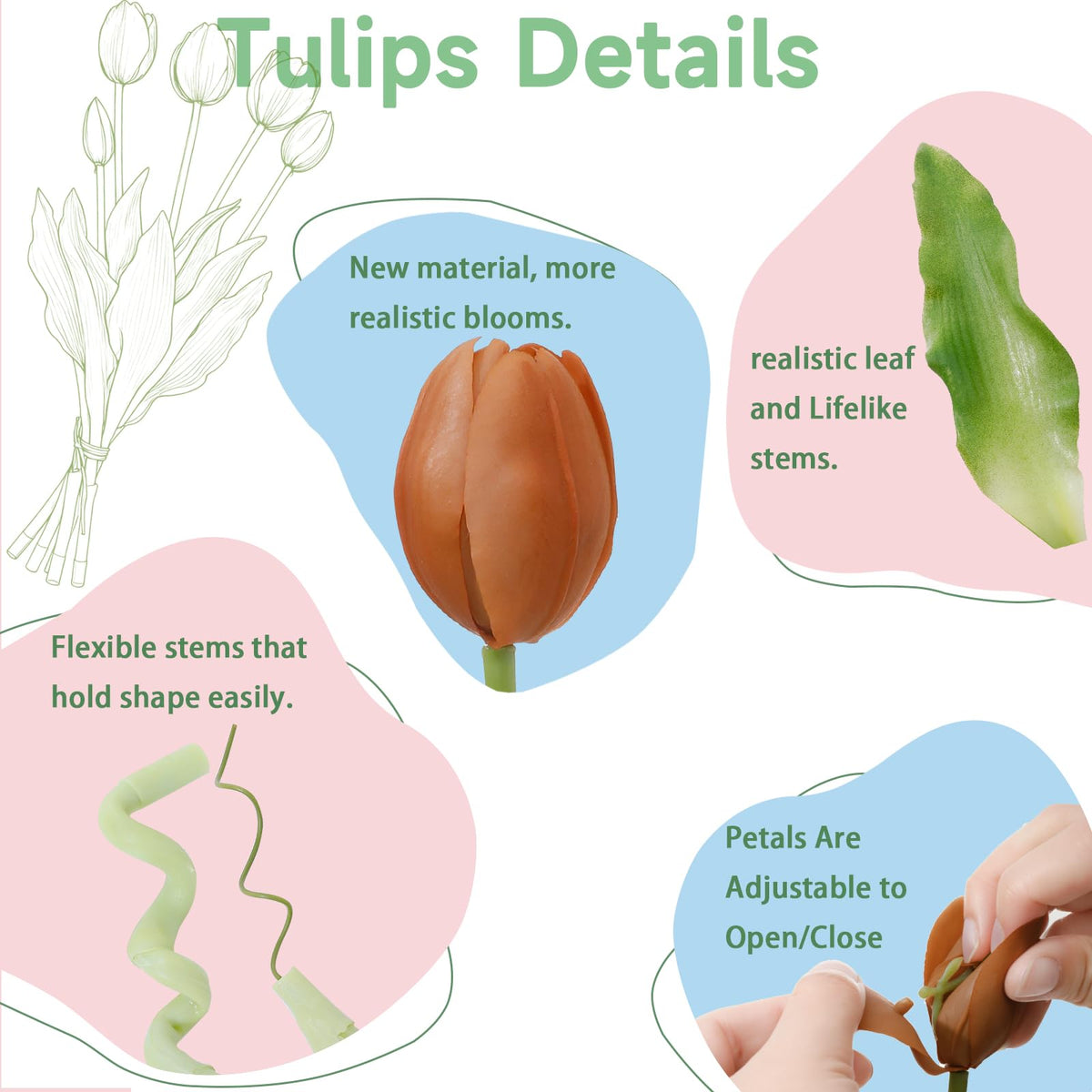 LINSIE coffee artificial tulips snap-on petals enable quick reshaping after transit.