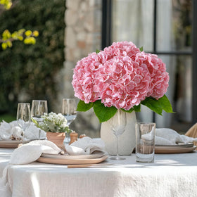 LINSIE pink hydrangea silk blooms ideal for home decorating.