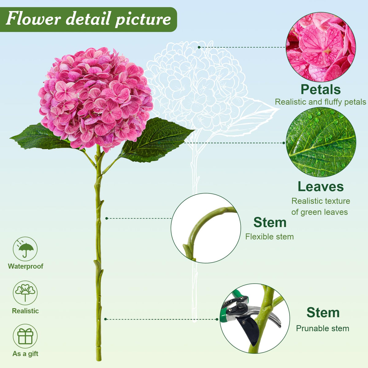 LINSIE silk hydrangea stems with detailed leaves, ideal for table centerpieces.