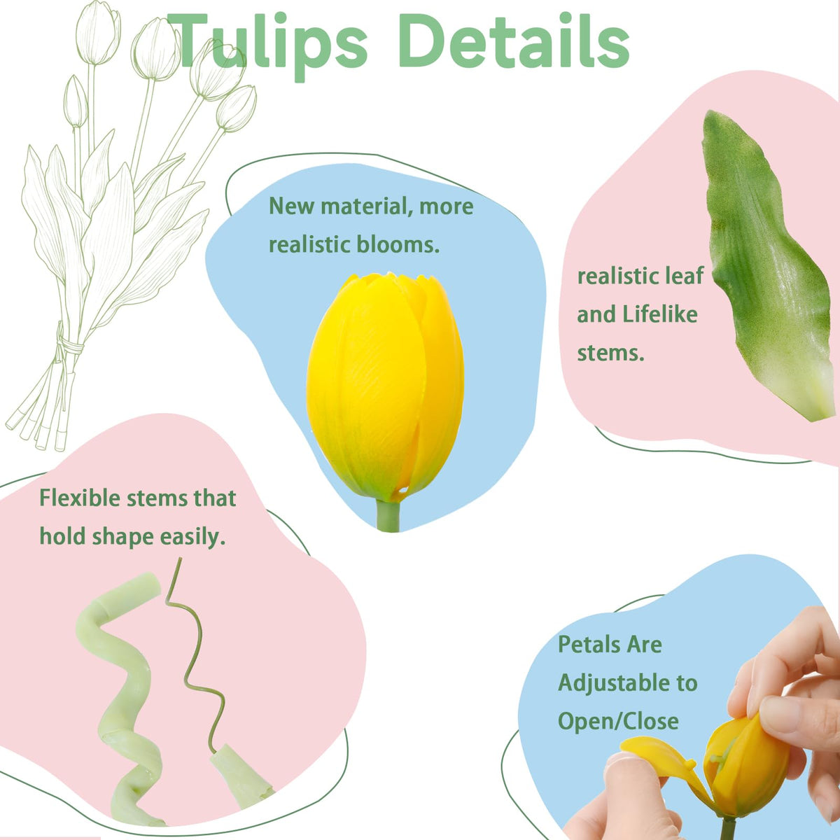 LINSIE yellow artificial tulips close-up texture highlights lifelike petals and detailed realism.