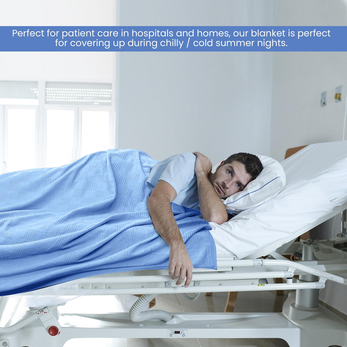 Blue 74x100 Linteum Textile blanket on bed demonstrates generous size.