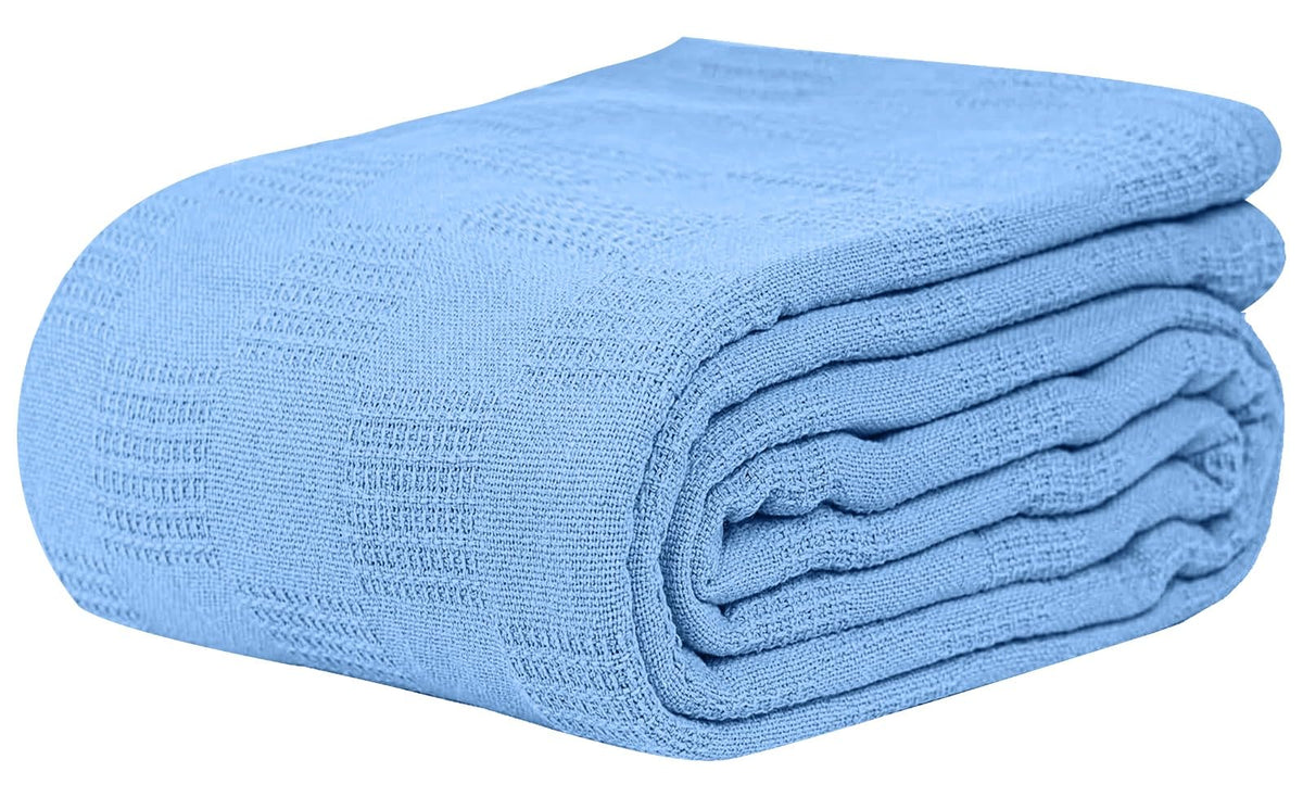 Linteum Textile Hospital Thermal Snagless Blanket blue folded, ideal for hospital bed warmth.