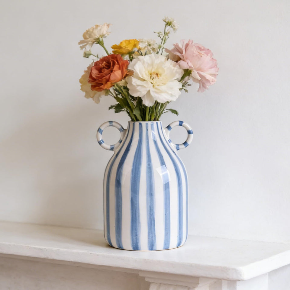 LINYTHER blue and white ceramic vase with handle for elegant centerpieces and easy relocation.