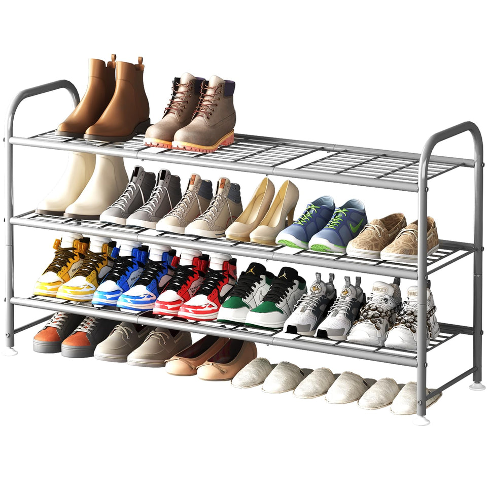 LINZINAR 3-tier long shoe rack in grey keeps entryway organized and accessible.