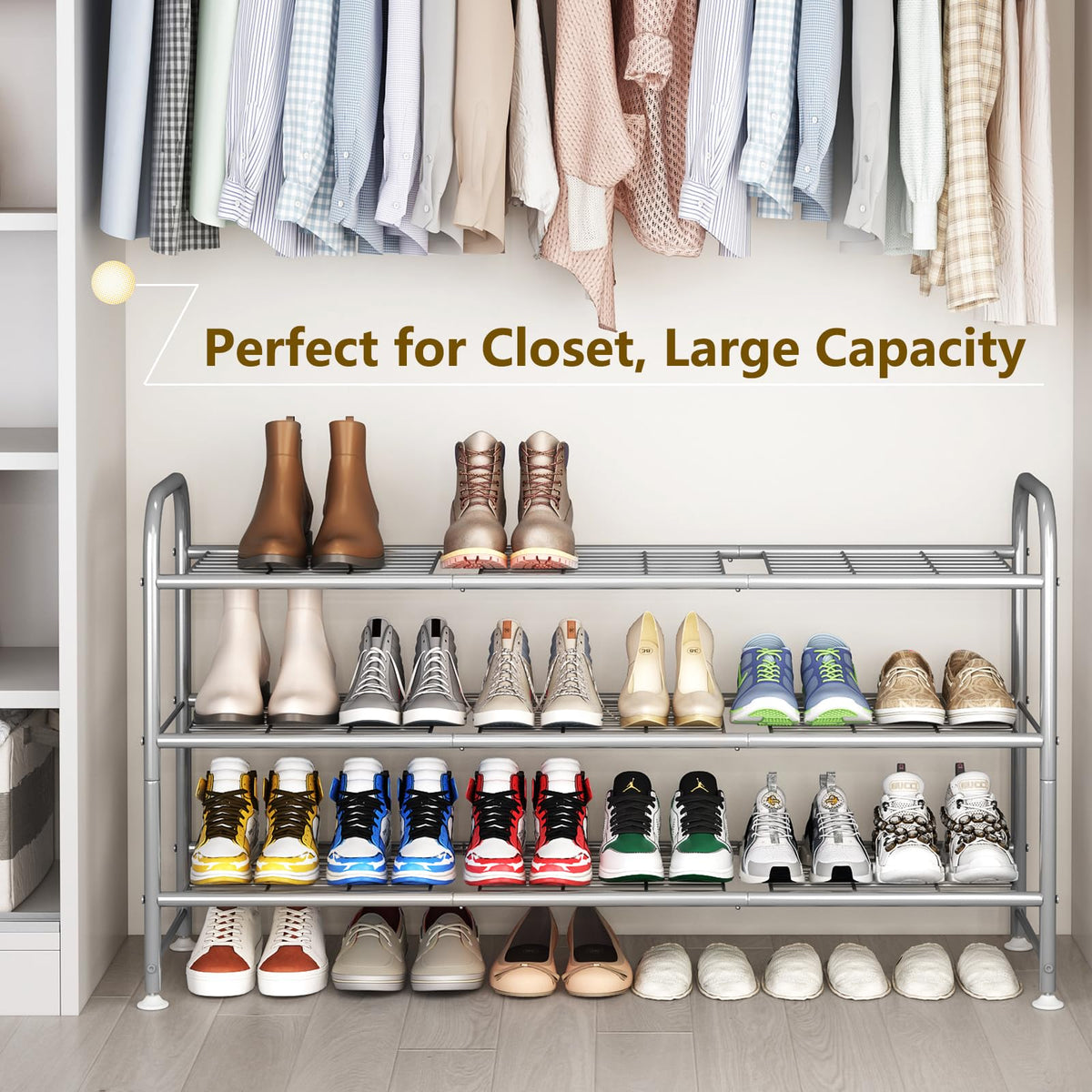 LINZINAR grey rack holds 20-24 pairs for family footwear storage.