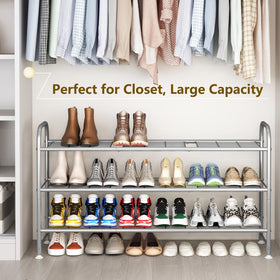 LINZINAR grey rack holds 20-24 pairs for family footwear storage.