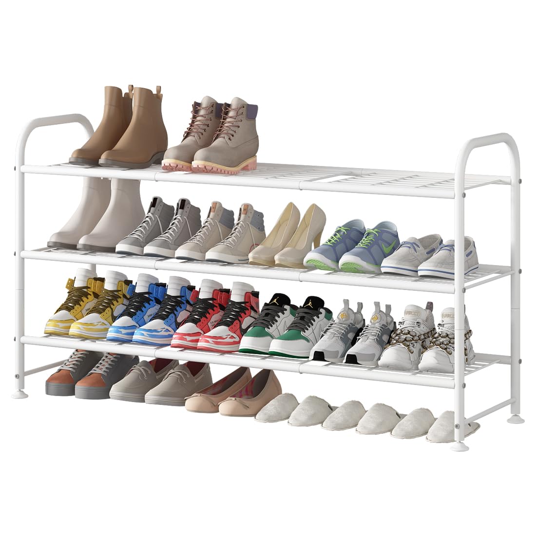 LINZINAR Long 3-tier shoe rack assembly showing easy setup and space efficiency.