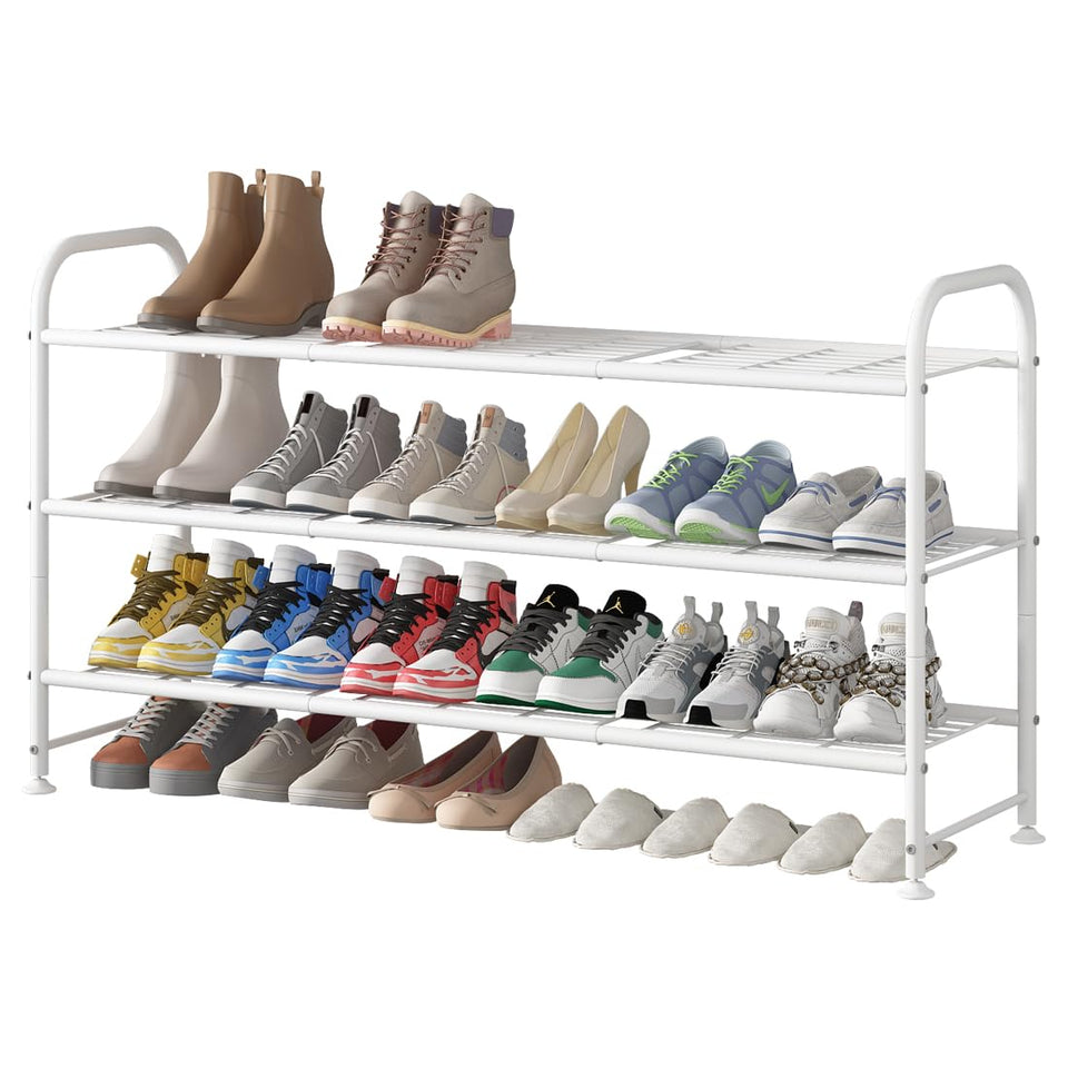 LINZINAR Long 3-tier shoe rack assembly showing easy setup and space efficiency.