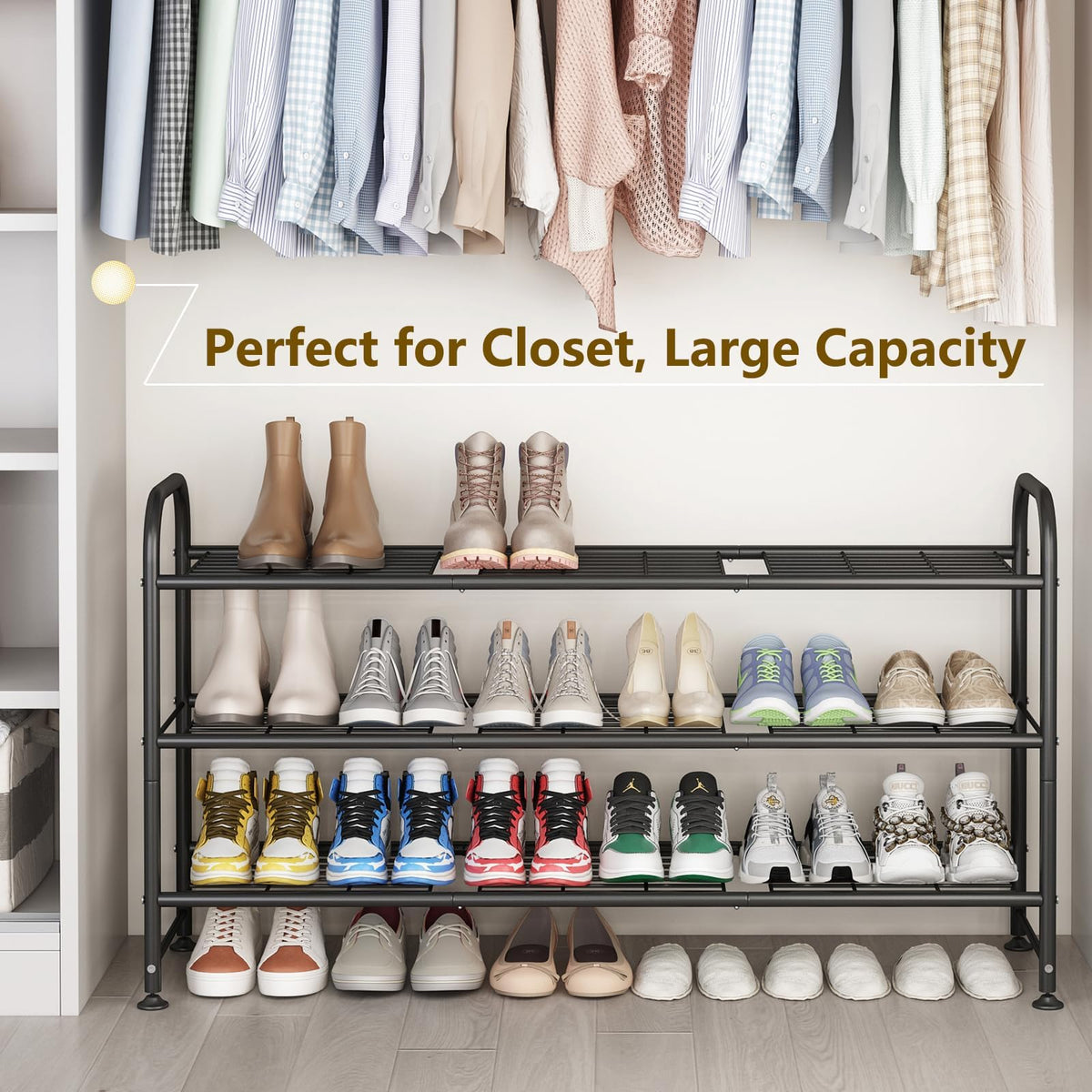 linzinar shoe rack long 3-tier metal assembly demonstrates easy setup