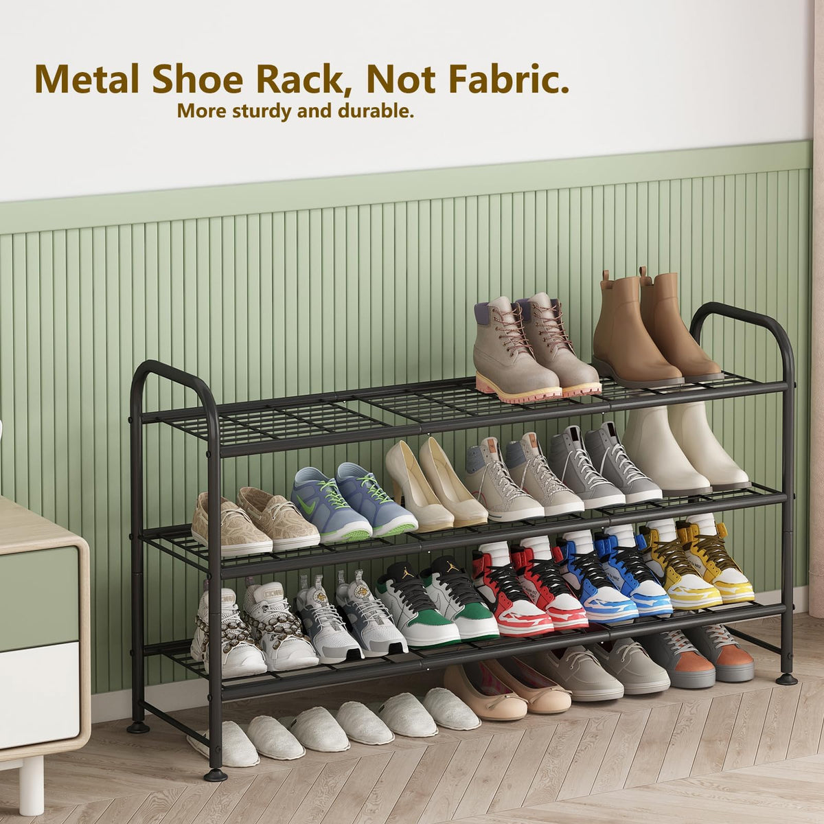 linzinar shoe rack long 3-tier metal bedroom setup for neat footwear storage