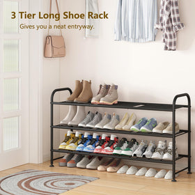 linzinar shoe rack long 3-tier metal closeup highlights sturdy iron frame